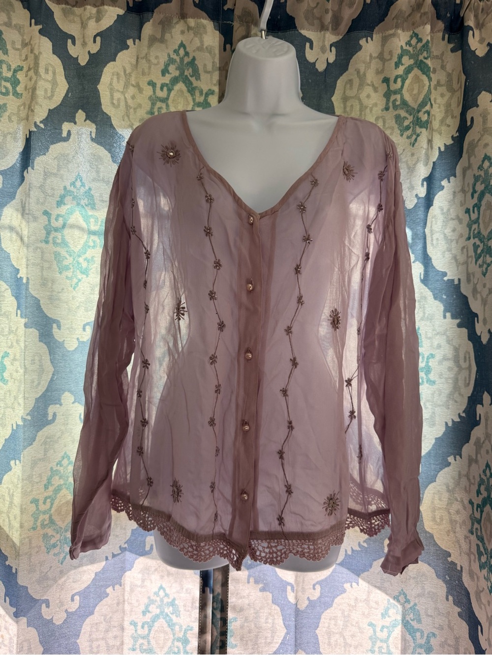 Papillon Vintage Dusty Mauve Faux Pearl Buttons Intricate Trim Sheer Blouse L